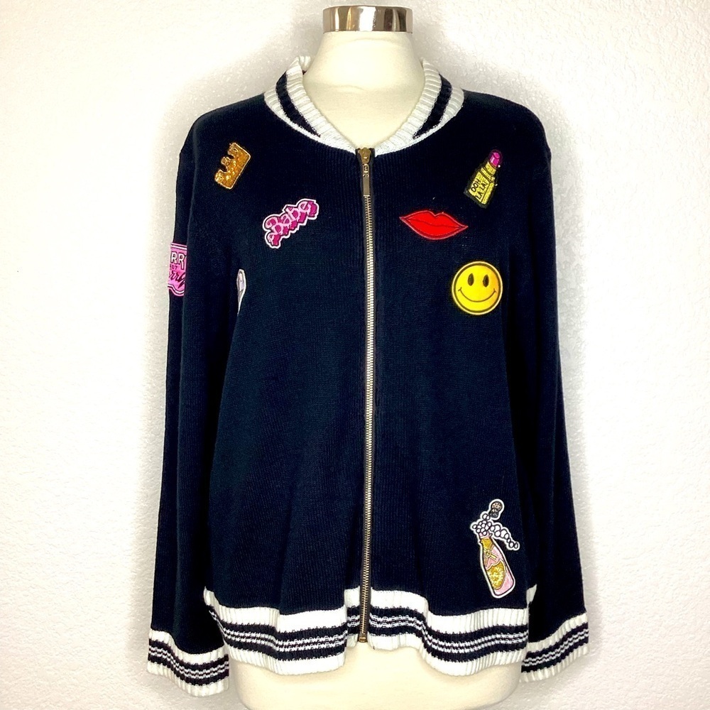 ASHLEY STEWART PLUS‎ SIZE 22 24 TOP BLACK PATCH EMBROIDERED SWEATER CARDIGAN